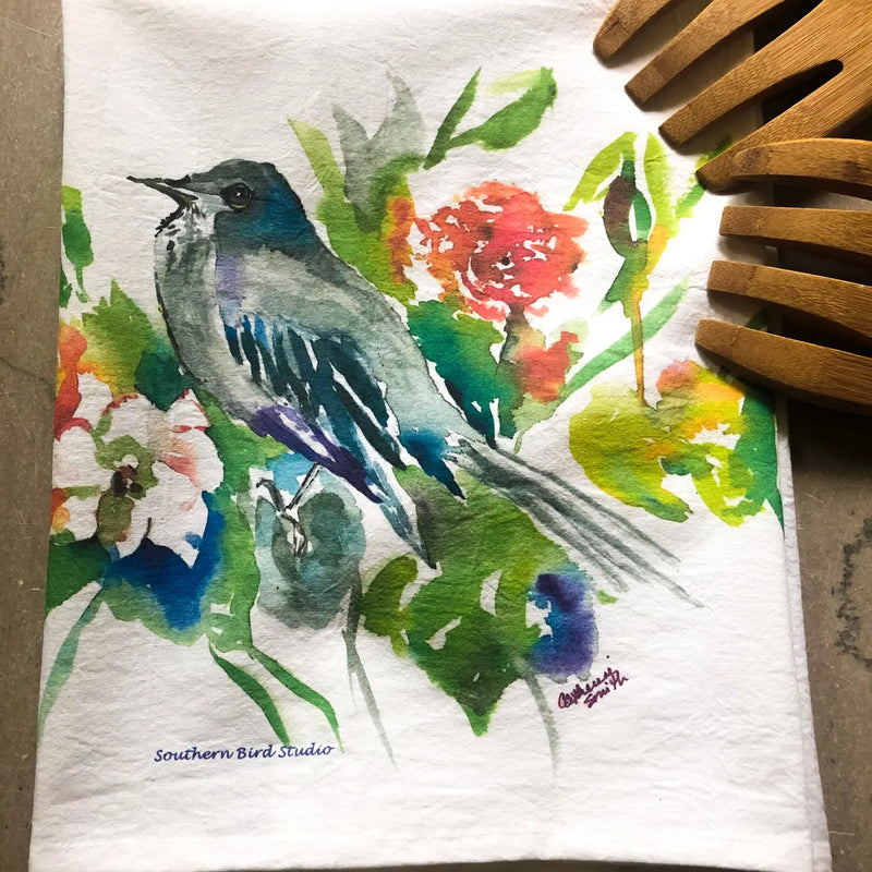 Watercolor Mockingbird Tea Towel
